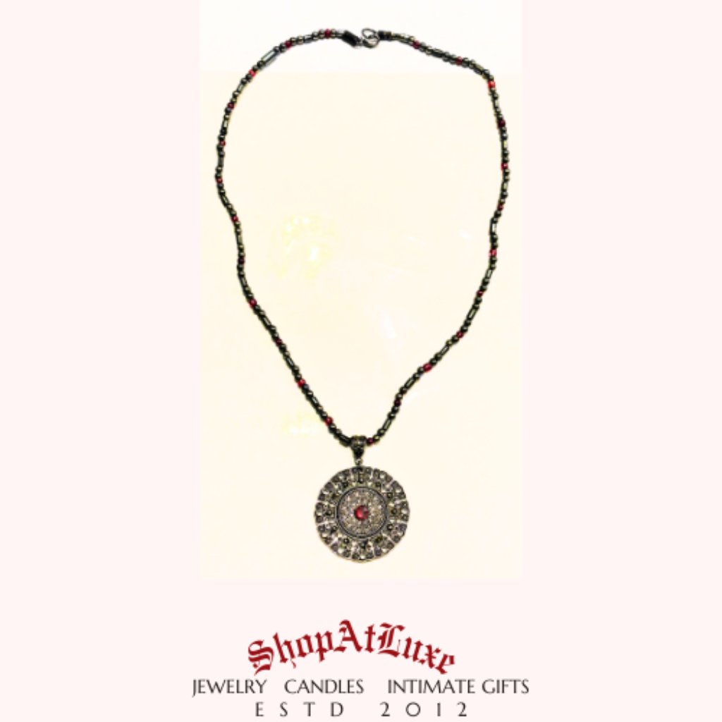 Geometric Gun Metal Pendant Hand Beaded Necklace